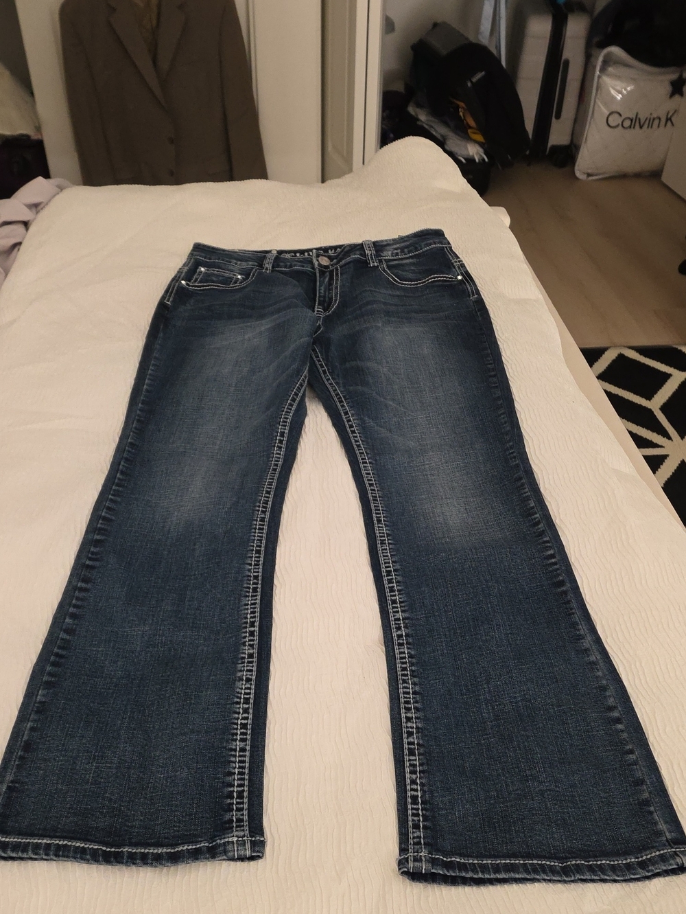 Women's Dark Blue Flare Jeans with Contrast Stitching